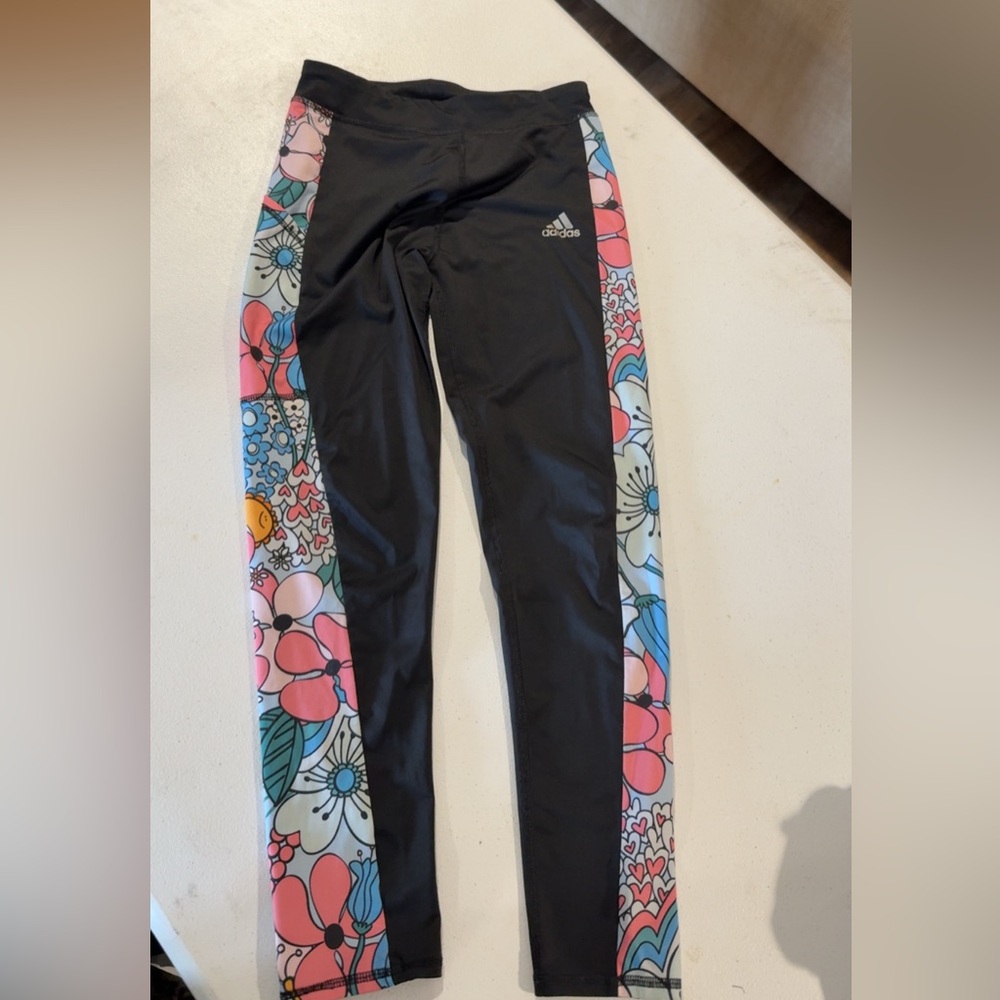 Adidas Kids Black Leggings with Floral Side Panels